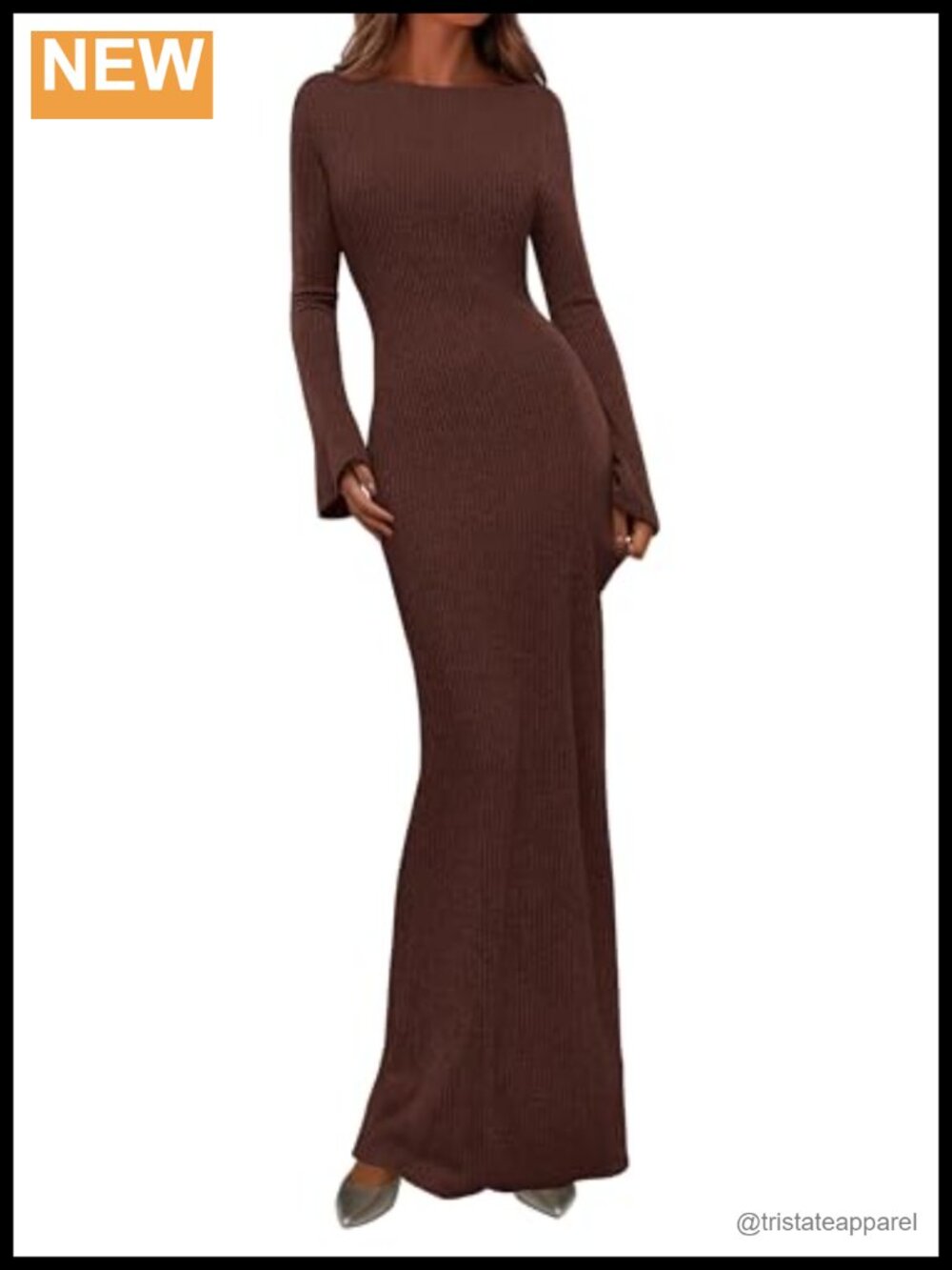 Women's Ribbed Knit Long Sleeve Bodycon Maxi Dress Boat Neck Bell Sleeve